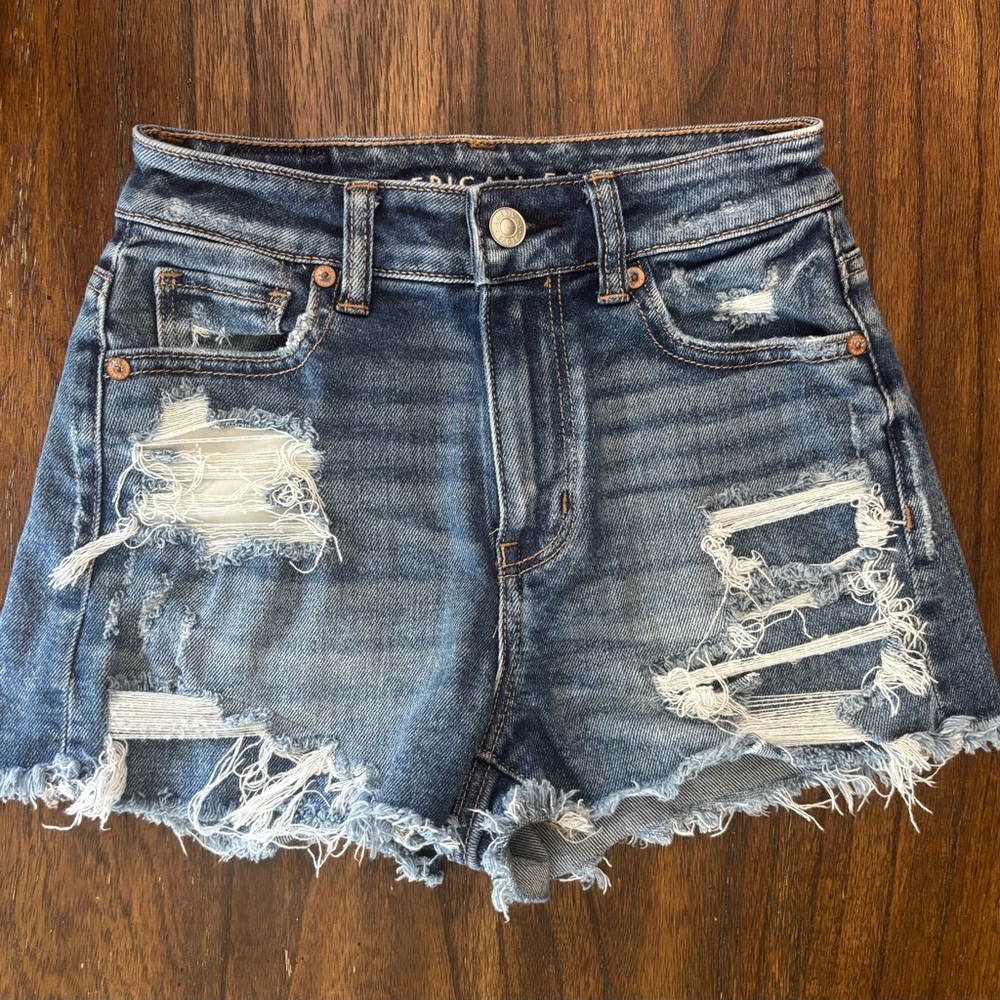 Distressed High-Rise Women's Denim Jean Shorts - Blue